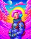 Placeholder: Highly detailed portrait of an astronaut. vintage style with a bright and cheerful color scheme, vivid pink hair, featuring a mix of pastel blues, pinks, and purples, standing with his arms folded, surrounded by a swirl of energy. The background is a colorful cartoon landscape, with fluffy clouds and a rainbow. The background is a stark, metallic landscape, with a futuristic cityscape visible in the distance. by atey ghailan, by eduard hopper, by greg tocchini, by james gilleard, grunge aestheti