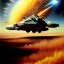 Placeholder: dramatic Chris Foss painting of a spacebattlescene with an armored hovercraft with gun turret in the desert with stormy sky and a duststorm