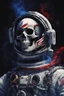 Placeholder: A close up of a skeleton face in an astronaut helmet and suit floating in space. inside the hollow eyes are red shining lights, scary. On his suit is an American flag and in his one hand is a small wavering American hand flag. From the back of his suit is blowing out blue, white and red smoke. Realistic, 8k, highly detailed, funny