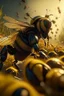 Placeholder: A cowboy Bee Leader riding a a majestic bumblebee in fight gear, wings outstretched, charges into the battlefield surrounded by swarms of anxious honeybees, cinematic, Arriflex, Imax, Cinematic color grading, post processing effects, 70mm, action shot still, motion effects, extremely detailed extremely detailed