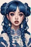 Placeholder: singer Melanie Martinez face, beautiful cyberpunk huge girl, hyperdetailed, illustration by Katsushika Hokusai, darkblue tones,