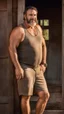 Placeholder: close up photography of a burly beefy overweight muscular sicilian farmer 47 years old, sweat, near a tractor, short curly hair, short white beard, manly chest,crossing arms, in tank top with dirty tank top and bulging shorts, near the door of a large barn, shy smile, under the sun, photorealistic, side light