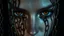 Placeholder: close up face with shadow dark gold eyes, void, pain, hyper-realistic detail, floats in deep darkness, deep blue abyss, shadow of chains is projected on her face, crepy stunning, dark, surreal vibe with meticulous clean pale skin dark golden eyes, dark shadow