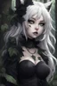 Placeholder: CAT GIRL, goth, forest, nature, cartoon, leaves, half black half white hair, boobs