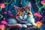 Placeholder: A rainbow-colored cat with golden and teal eyes resting in a magical forest, surrounded by glowing mushrooms, neon vines, and fragmented light. The background is dreamy and surreal. --v 7 --style raw --ar 4:5 --q 2