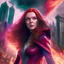 Placeholder: Wanda Maximoff, mulher, jovem, cabelos ruivos, olhos vermelhos, corpo inteiro, fundo cidade destruída, cores brilhantes, de lado destruindo algo com sua magia vermelha, traje da feiticeira escarlate, dramatico, 4k render, imagem cinematográfica. Cores frias, magia em suas mãos, magia vermelha claro