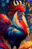 Placeholder: A striking painting depicting the majestic rooster in a lively style. The composition presents a strong presence with intricate details and vibrant colors. The background includes nature elements such as flowers , 8k , cinematic