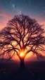 Placeholder: surreal glowing in sunset, widow trees , millions of stars. a peach flowing anime style view vthrough a tree in double exposure