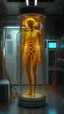 Placeholder: Sleeper in tube cabinet made of glass filled to the top with honey coloured liquid , in a laboratory inside it a half alien and a half human creature body standing vertically inside , connected with wires and electrical wires , the human standing in side, a high tech equipment in the background ,4K, cinematic, high resolution