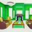 Placeholder: A living room with armchair and fancy stools. green color pencil draft