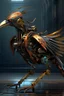 Placeholder: A full length cyber hornbill bird mixed with a rusted robot, wing, carrying a weapon,8k ultra detail, baroque painting by AI