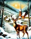 Placeholder: v20th century hungarian vintage postcard, painting of a deer in a snowy forest , a little cute village in the valley in the background, christmas mood, cosy enchanted winter scene, beautiful depiction, inspired by Terry Redlin, snowy winter beauty scene, painting, by Cindy Wright, beautiful detail, by Doris Blair, wintery scene, amazing detail, stunning artwork, vintage postcard, nostalgic style