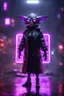 Placeholder: Volumetric fog gremlin lights,paradise sacred geometry framed playing card, black, red, spore and purple neon fire cyber punk dancer thief in soaked rain coat shadows boss card in the style of giger and fallout 4 ,,bokeh like f/0.8, tilt-shift lens 8k, high detail, smooth render, down-light, unreal engine