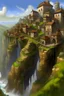 Placeholder: in the style of Julie Bell art: a cliff city of vineyards