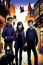 Placeholder: Design a book cover for fantasy criminal story. One teenage girl and two boys are on the town street. Black Cat as a company. The book is for teenagers. Modern style. Bakery in the background