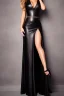 Placeholder: femme fatale in black leather gown with a whip in her hand, big chest