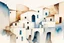 Placeholder: abstract minimalist geometric watercolour of a Greek village on rough textured bumpy plaster wall