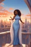 Placeholder: The scene opens onto a serene balcony overlooking a bustling city skyline. The sky above is painted in soft hues of blue and orange as the sun begins its descent, casting a warm glow over everything it touches. In the foreground stands a captivating figure, airbrush chibi cartoon curvy black woman exuding confidence and elegance. She is adorned in a flowing white knit maxi dress that hugs her curves in all the right places, accentuating her silhouette. Her choice of footwear is equally stunning