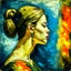 Placeholder: Side profile of a beautiful young woman with her aspirations behind her. Opulent Van Gohn style painting