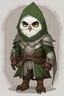 Placeholder: Dungeon and Dragons white Owlkin with green eyes, in black and brown leather armor and a hood