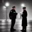 Placeholder: large muscular police officer speaking to a muscular man wearing a trench coat, downtown snowy new york at night, dramatic, dramatic lighting, volumetric lighting, hyperrealism, 8k, high quality, photorealistic, lot of details