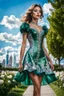 Placeholder: fullbody girl makeup wearing a dark green-silver victorian short dress walking in moder city of 2040 park ,flowers ,pretty clouds in blue sky,city escape.