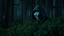 Placeholder: A hooded alien peeking out of a bush in a forest at night, photorealistic