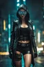 Placeholder: Full body,Half-cyborg sexy female cyberpunk assassin wearing a metal mask, black jacket,walk in night city background