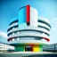 Placeholder: A hospital building with a main idea built in the shape of an atom that gives the impression of containment and hope, with the use of appropriate colors of high quality and photographed from appropriate angles.