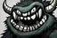 Placeholder: closeup of a maniacal grinning monster's face, big teeth, fur, bumps and horns, my pet monster inspiration, urban character design