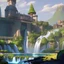 Placeholder: complex outdoor scene with waterfall and futuristic castles by warner brothers animation