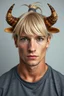 Placeholder: A portrait of an attractive stern ox bison lobster with wig, shoulder-length blond hair tied in a tight knot, pale skin,light green eyes, muscular build, wearing grey t-shirt