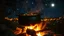 Placeholder: delicious stew bubbling in a large iron cauldron suspended over the heat of a wood fire, outside, night, stars, moon, fireflies, award-winning photograph, beautiful composition, exquisite detail and illumination