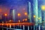 Placeholder: Night, futuristic buildings near trees, highway, sci-fi, impressionism painting