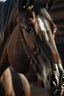 Placeholder: Horse with small overly realistic human eyes, staring at the point of view,