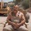 Placeholder: photography of a marocan ugly burly serious wet sweaty, beefy strong fat carpenter, shirtless, in overall, bulge, manly chest, big salt-and-pepper mustache 50 years old, short hair, sitting with open legs on a little chair , on a construction site in the middle of a road, under the August sun, emotional eyes, , hyper-realistic, photorealistic , frontal view from the ground