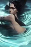 Placeholder: a beautiful woman, long curly black hair,closed eyes,coming from beneath the water,braking the surface with her face just coming out the water,looking up symbolism for breaking free. realistic,8k quality, action close shot from areal view,highly detailed , chaos 80