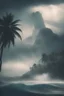 Placeholder: Creat a view from the ocean of an island filled with palms tree with a mountain in the background and a thunderstorms and rain and foggy clouds and high waves, cinematic, 8k, high quality photo , dim sun light behind the clouds, Busch painting style nightmares