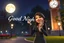 Placeholder: sign "Good Night" 3D video game character elegant young woman enthusiastically and cheerfully comes out of a park, fluffy tabby cat in her hand, in supermoon light at night, clocktower in the background, showing 11:00