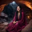 Placeholder: Hyper Realistic Photographic Outside View Of A Gorgeous Pashto Girl (Wearing Simple Burgundy Colored Dress & Wearing Plain Pink Dupatta On Her Neck) Happily Sitting & Smiling Boldy In A Cave & Showing Her Long Black Hair With Big Golden Crystals, With Heavy Rain Outside Cave At Dark Night Showing Dramatic & Cinematic Ambiance.