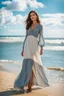 Placeholder: young lady wearing beautiful maxi dress standing in beach posing to camera ,ships in sea ,blue sky nice clouds