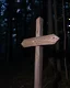 Placeholder: Old wooden signpost in a dark forest