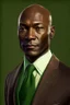 Placeholder: realistic Portrait of a man in his late forties. He wears a brown suit and a green tie and he is bald. dark skin. he looks like a politcian