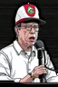 Placeholder: Ilustración vectorial de Gustavo Petro con gorra deportiva camisa, hablando tranquilamente con micrófono, colores negro, blanco y rojo, fondo negro