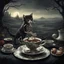 Placeholder: A surreal and macabre scene of a luxurious tea party where a kitten skeleton lies delicately within a teacup. The atmosphere is dark, sinister, and slightly dramatic, with a sense of profound eschatology. The background features an ominous, twisted landscape that seems to defy physics, as if it's governed by the peculiar equation ( ∂t ∂v +v⋅∇v)=−∇p+μ∇ 2 v+f. The overall feeling of the image is both eerie and unsettling, evoking a sense of impending doom.