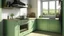 Placeholder: kitchen with celadon green furniture, on the left side by the window from the bottom up, a microwave and an oven installed in the furniture, and on the right side and next to it an induction hob and a cooker hood above it, on the right side there is a sink and a dishwasher underneath it