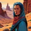 Placeholder: create an portrait of a nomadic shepherdess with highly detailed feminine facial features, inhabiting an ethereal desert canyon land in the comic book style of Jean Giraud Moebius, David Hoskins, and Enki Bilal, precisely drawn, boldly inked, with vibrant colors