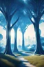 Placeholder: futuristic ad sci-fi bright daytime landscape with blue trees and grass, the lighting is bright