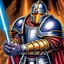 Placeholder: heroic fantasy galactic paladin holding mace wearing barbuta helmet 90's tcg art 90's tcg art