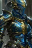 Placeholder: warforged, female, powered-armor, combat-armor, power-armor, blue crystal embedded in chest, slender-frame, lithe, beautiful, humanoid, gold-armor, black-armor, black-hair, DnD, Dungeons and Dragons, Faceless helmet, paladin, black armor, silver embroidery